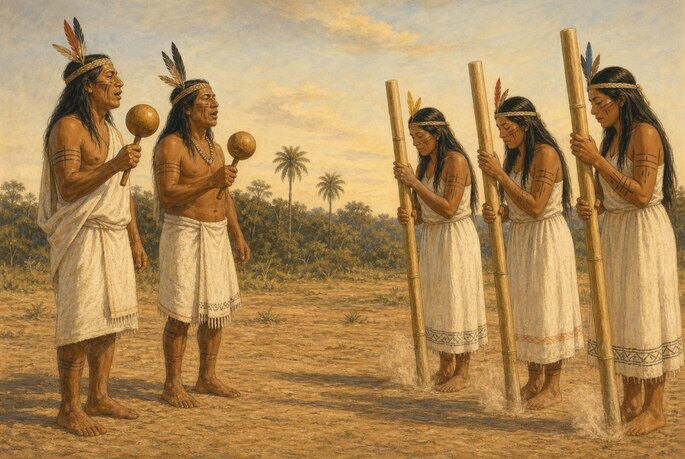 Dois homens cantam segurando chocalhos de caba&ccedil;a enquanto tr&ecirc;s mulheres batem bast&otilde;es de taquara no ch&atilde;o de terra, levantando poeira.