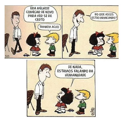 tirinha da Mafalda conversando sobre a humanidade