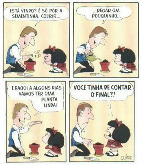 tirinha da Mafalda observando colocação de sementinha no vaso