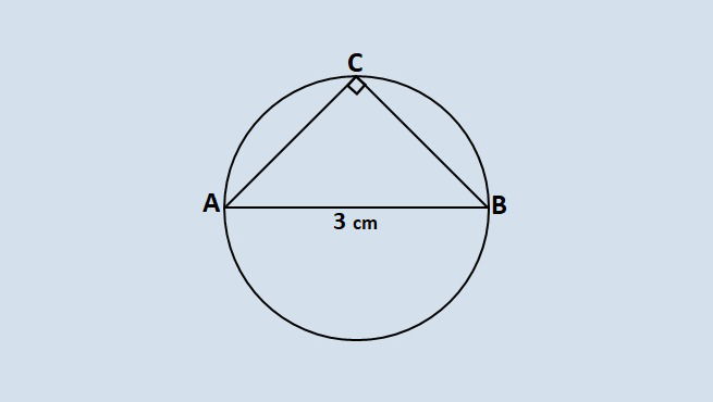 circunferência de diâmetro igual a 3 com um segmento AC formando um ângulo de 90º com um segmento CB