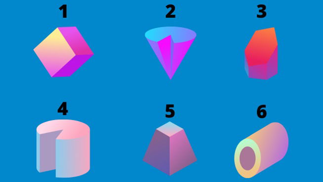 6 figuras de diferentes sólidos geométricos numerados e num fundo azul