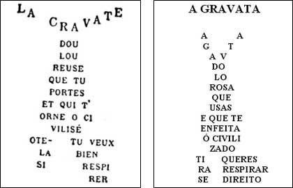Poema de Apollinaire, à esquerda, original, à direita, traduzido.