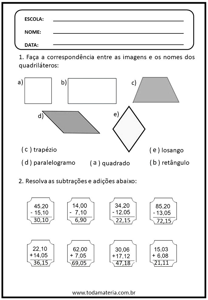 Atividades de matemática 4º ano - Toda Matéria