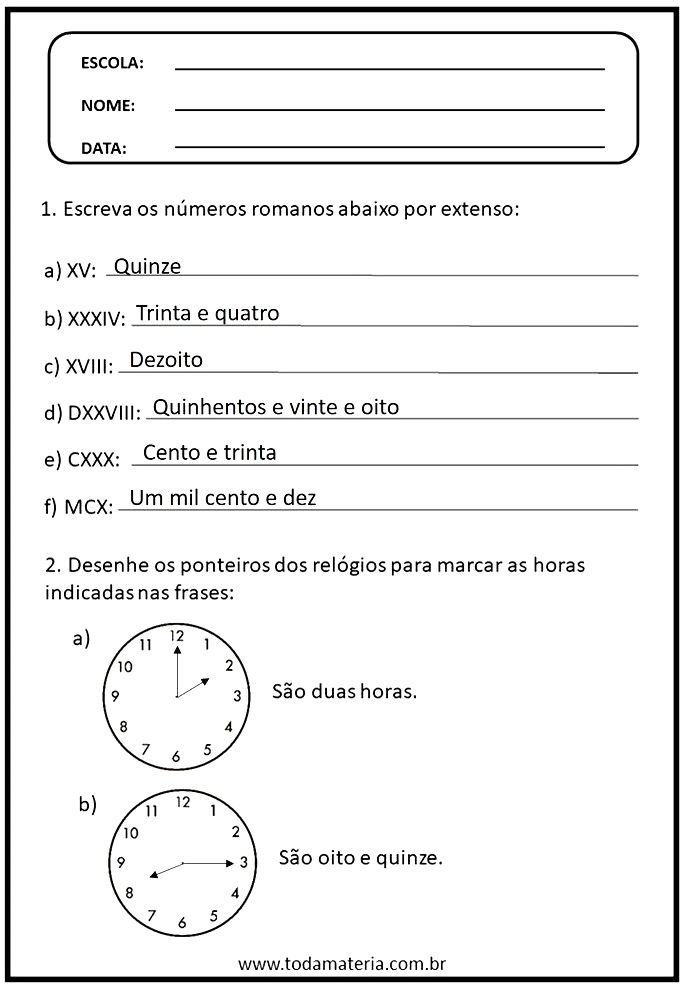 Atividades com Relógio para imprimir - Atividades Escolares