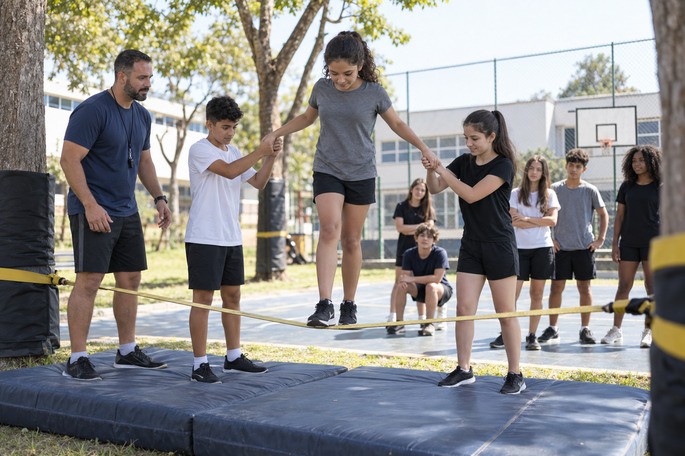 Estudantes no slackline