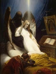 Pintura O anjo da morte, de Horace Vernet. Na pintura, uma mulher pálida, em vestes brancas, envolta em uma aura brilhante no centro da tela tem sob seus pés um homem ajoelhado. Ao fundo da mulher asas sombrias indicam se tratar de um momento de morte.
