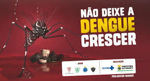 A imagem é uma peça publicitária com fundo vermelho escuro. À esquerda, há a ilustração de um mosquito Aedes aegypti, transmissor da dengue, com aparência realista e tamanho exagerado, ocupando quase metade do cartaz. Ao lado do mosquito, aparecem recipientes com água parada, como latas e vasos — possíveis criadouros do inseto.  À direita, está o texto principal da campanha, em letras grandes:  NÃO DEIXE A DENGUE CRESCER.  A palavra DENGUE está destacada em amarelo, e CRESCER em branco, ambas em letras maiúsculas e negritadas.  Na parte inferior do cartaz, há logos de instituições de apoio e realização da campanha, como a Prefeitura de Belo Horizonte, a Secretaria de Saúde, times de futebol e outras entidades.