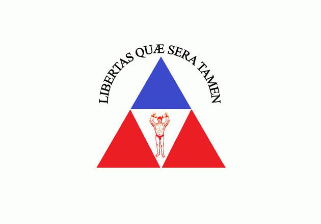 Outro modelo da Bandeira da Inconfidência Mineira que consiste em dois triângulos azuis, um branco e um vermelho sobre fundo branco tendo ao centro um índio rompendo algemas e o lema