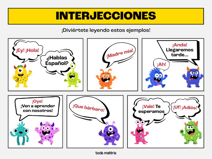 Imagem sobre interjeições em espanhol, com personagens coloridos apresentando exemplos como “¡Hola!”, “¡Madre mía!” e “¡Uf!”.