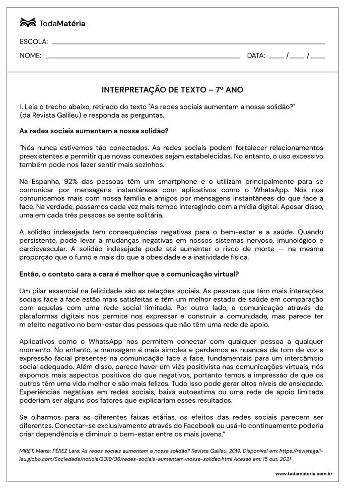 Atividades De Interpretação De Texto Para 7º Ano (com Gabarito) - Toda ...