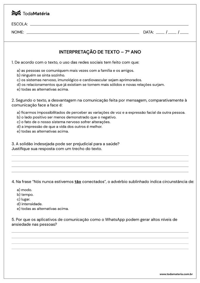 Atividades De Interpretação De Texto Para 7º Ano (com Gabarito) - Toda ...