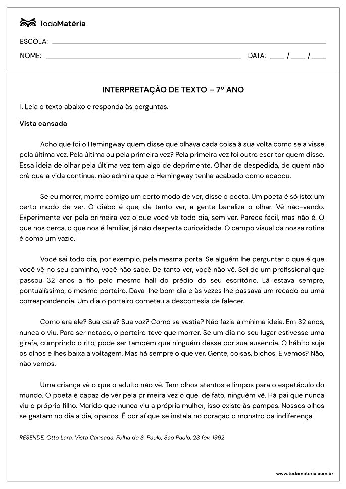 Atividades de interpretação de texto para 7º ano (com gabarito) - Toda  Matéria