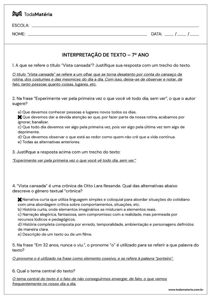 Atividades De Interpretação De Texto Para 7º Ano (com Gabarito) - Toda ...