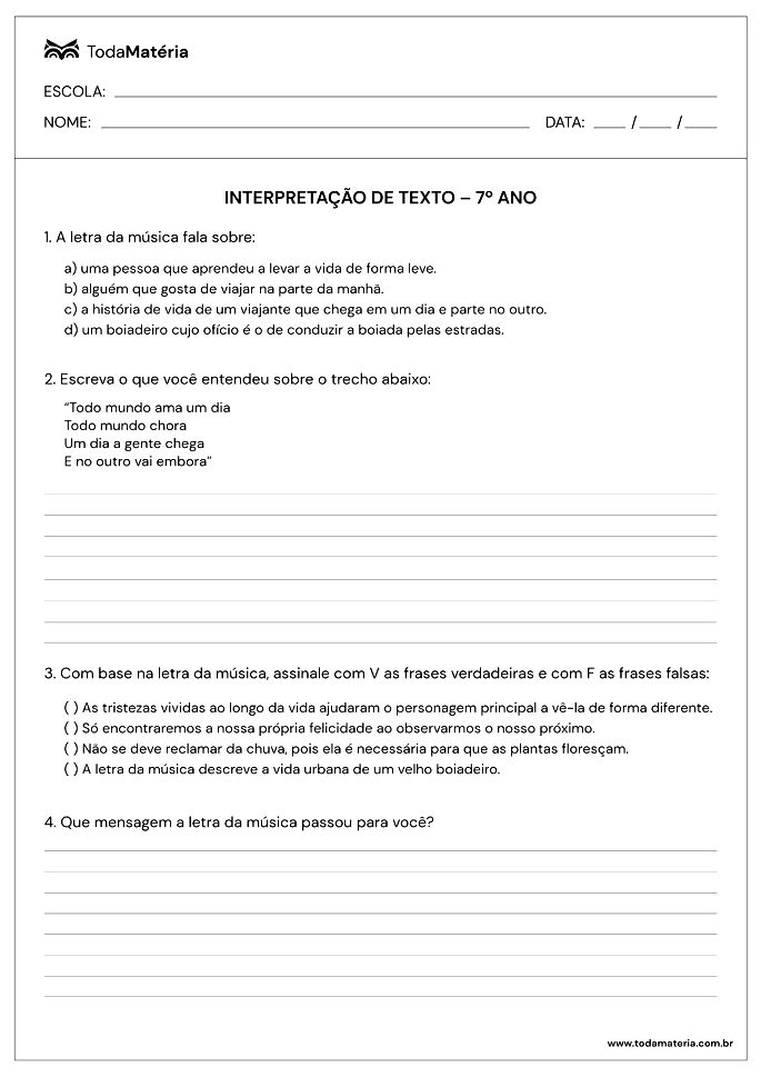 Atividades de interpretação de texto para 7º ano (com gabarito) - Toda  Matéria