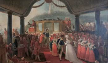 Ilustração de Debret: Desembarque de Dona Leopoldina no Brasil