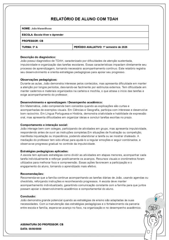exemplo de relat&oacute;rio preenchido de aluno do ensino fundamental com TDAH