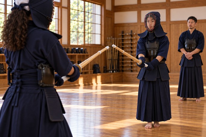 duas mo&ccedil;as prontas para praticar kendo