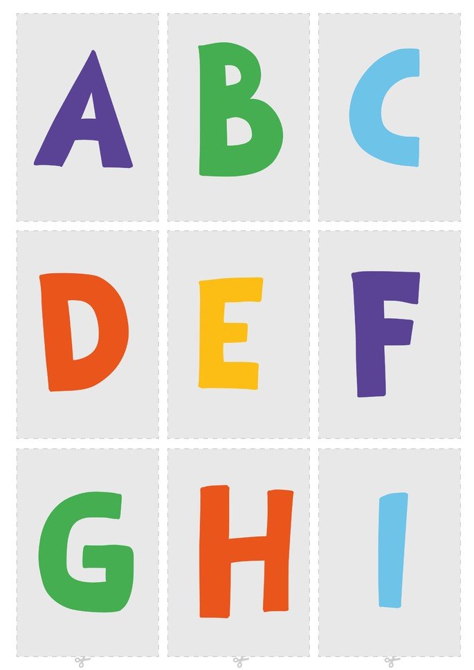 Letras de forma maiúsculas coloridas do A ao I para recortar