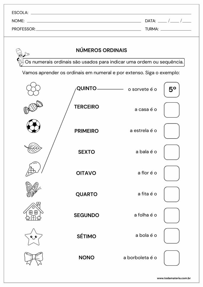 atividade de ligue de ordinais em algarismo e por extenso