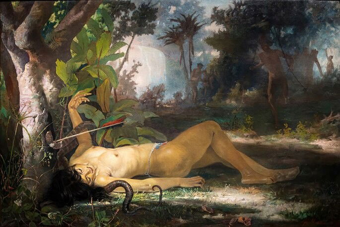 Quadro Lindóia, elaborado por José Maria Medeiros, em 1882. O quadro mostra a indígena Lindóia, personagem do clássico O Uraguai, na cena de sua morte. A cena é idealizada e mostra a indígena em seu momento de morte, nua, em meio a uma floresta exeburante. A personagem tem um braço erguido e uma cobra próxima ao corpo.