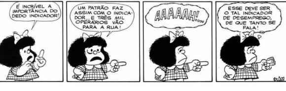 Tirinha da Mafalda que faz confusão do dedo indicador com a taxa de desemprego
