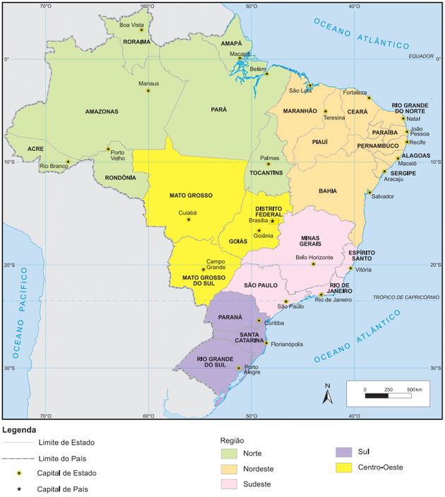 Mapa político do Brasil com suas regiões em destaque