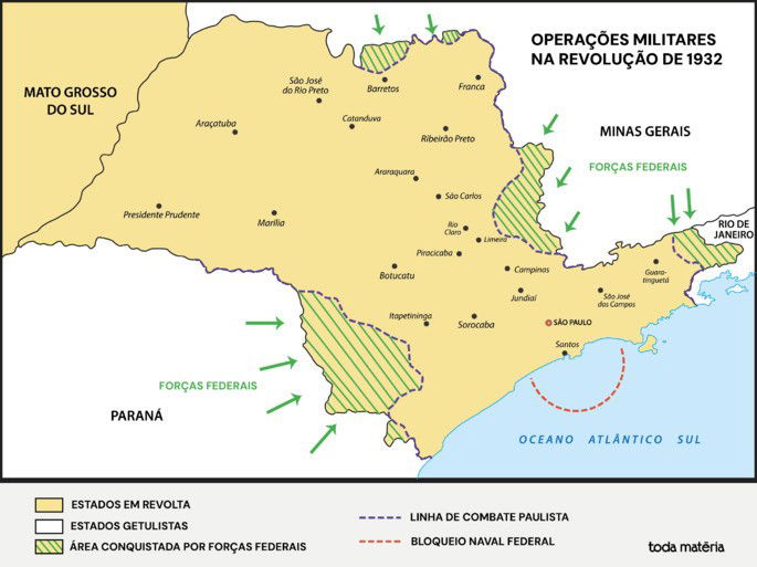 Mapa com os principais confrontos entre as tropas paulistas e federais