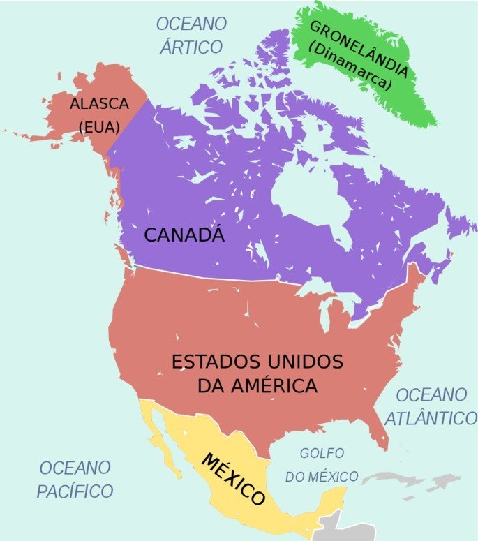 Mapa político da América do Norte com o nome dos países