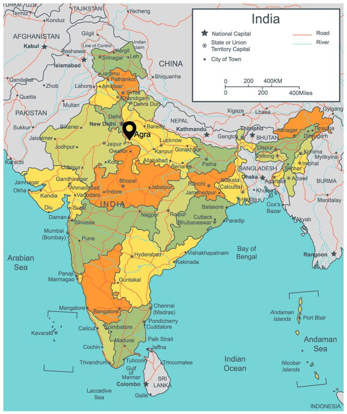 mapa da Índia com a localização de Agra