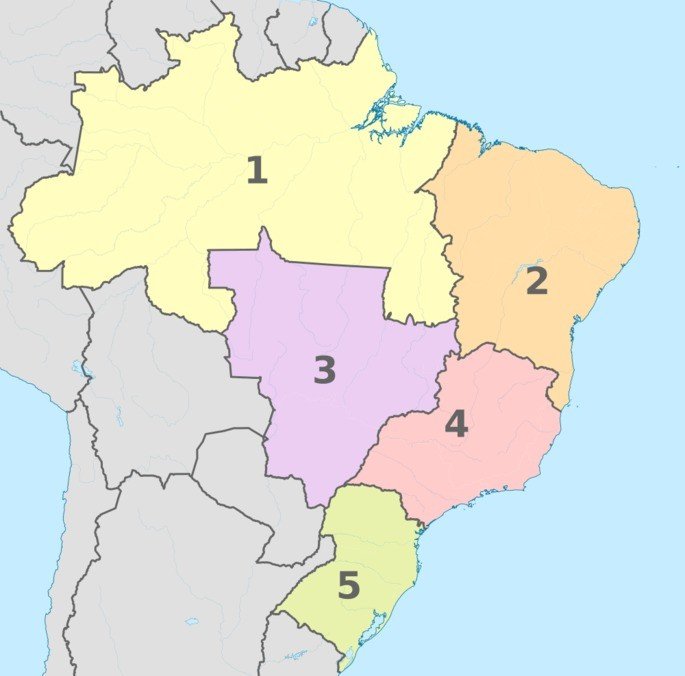 Mapa do Brasil com as regiões brasileiras numeradas e destacadas em cores distintas