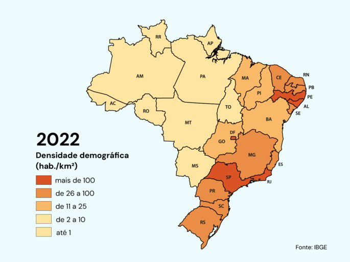 Mapa da densidade demográfica nos Estados brasileiros.