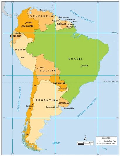 Mapa do Brasil com destaque para as fronteiras entre os países.