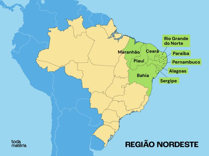 Mapa da região nordeste do Brasil.