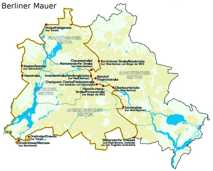 Mapa do Muro de Berlim com a linha dividindo a cidade em duas partes
