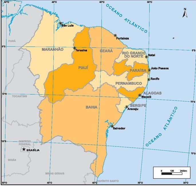 Mapa do nordesde brasileiro com suas capitais