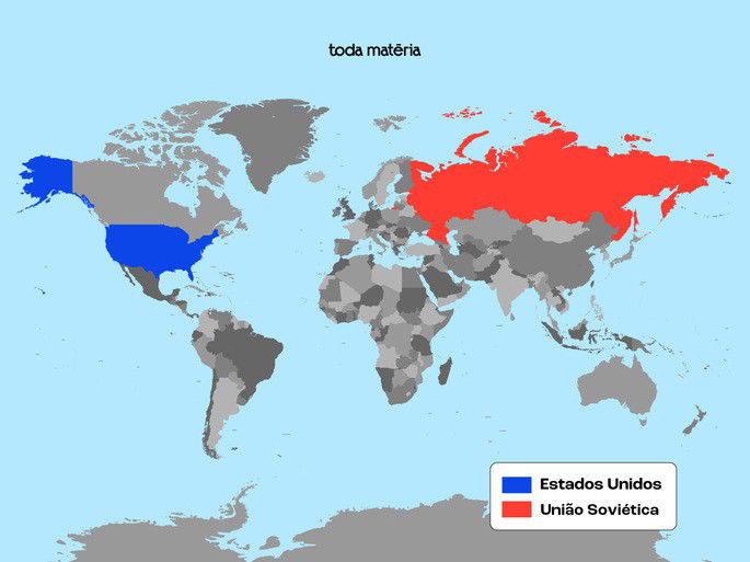 Mapa-mundi dividido em zonas de influência dos EUA e da União Soviética.
