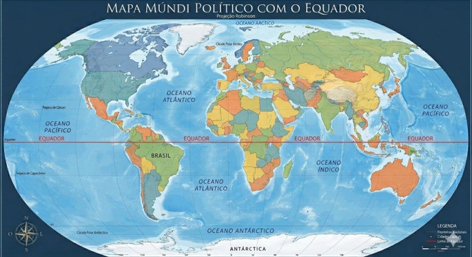 Mapa mundi com destaque para o Brasil e a Linha do Equador.