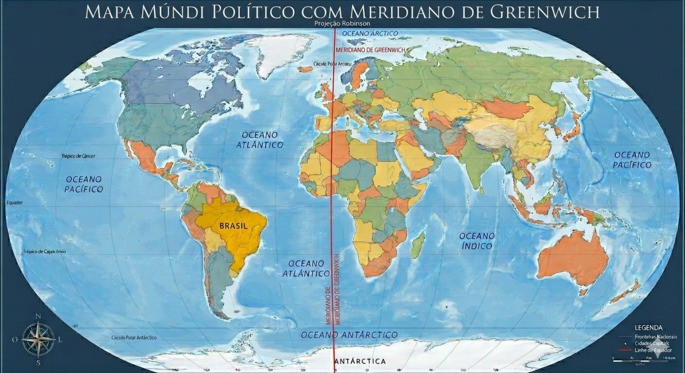 Mapa mundi com destaque para o Brasil e o meridiano de Greenwich
