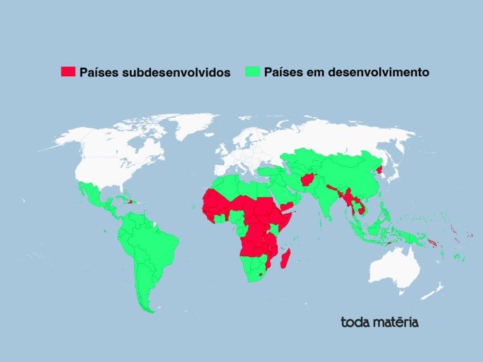 Mapa países subdesenvolvidos e em desenvolvimento