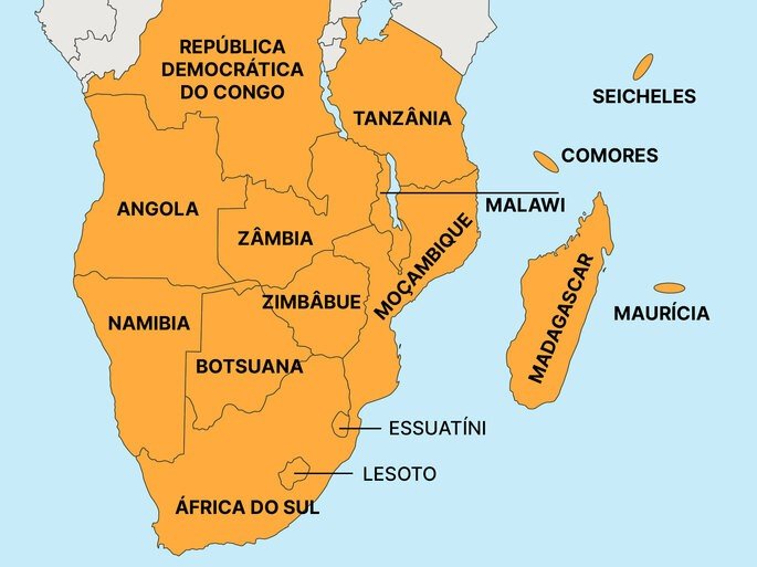 Mapa com localização dos países da SADC