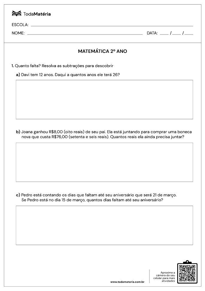 Avaliação de matemática 2º Ano EF - 4º bimestre