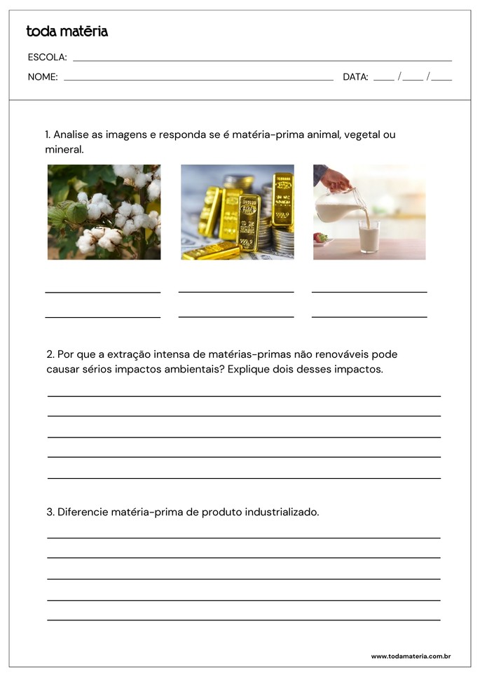 Folha de atividades 2 sobre matérias-primas