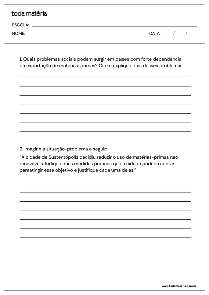 Folha de atividades 4.1 sobre matérias-primas
