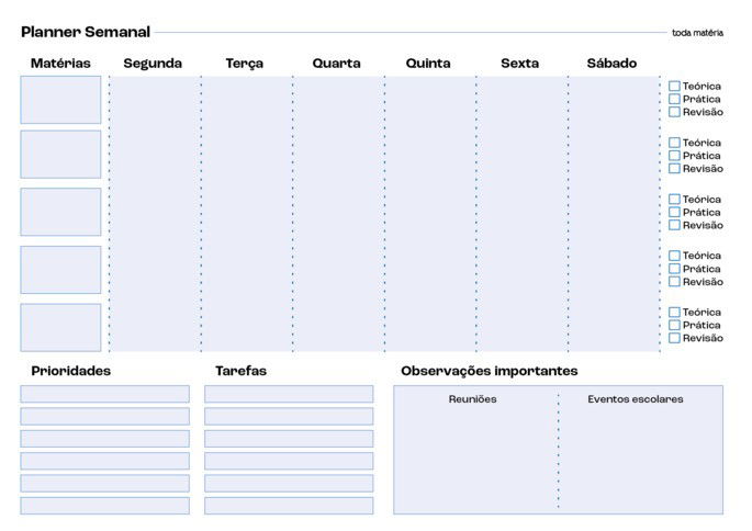 planner semanal de aulas para professores e pais