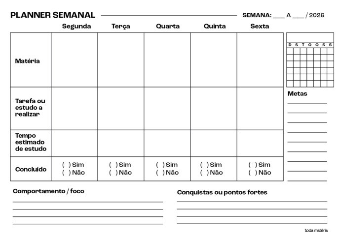 planner semanal de desenvolvimento do aluno para pais