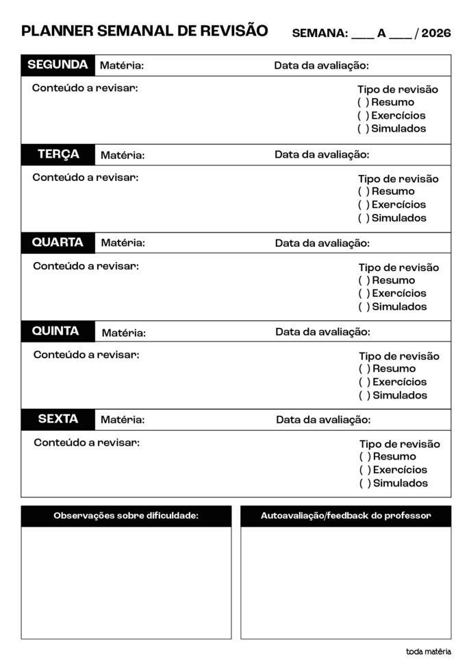 planner semanal de revisão e avaliação para professores
