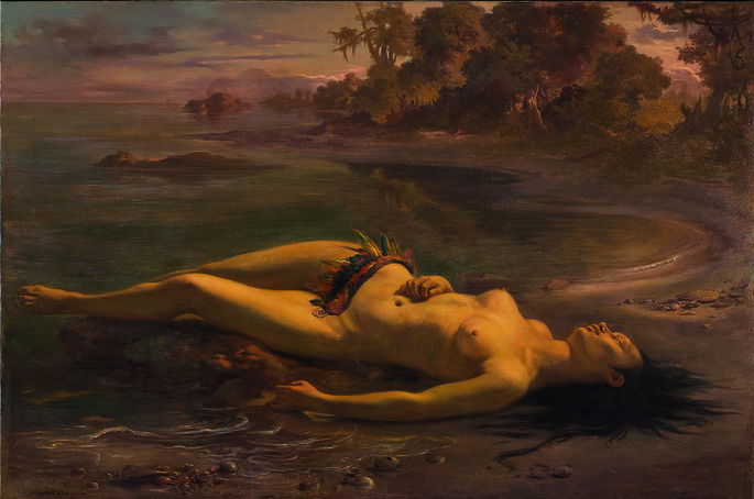 Quadro Moema, elaborado por Victor Meirelles. O quadro exibe a personagem Moema, da obra Caramuru, em sua cena final, deitada, sem vida, na praia. O quadro tem tons alaranjados e um estilo do romantismo brasileiro.