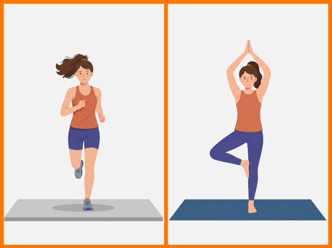 Exemplos de exercícios físicos como praticar yoga e treino de corrida.