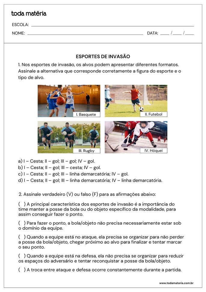 múltipla escolha e verdadeiro ou falso sobre esportes de invasão