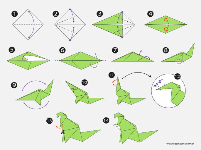 passo a passo de origami de dinossauro